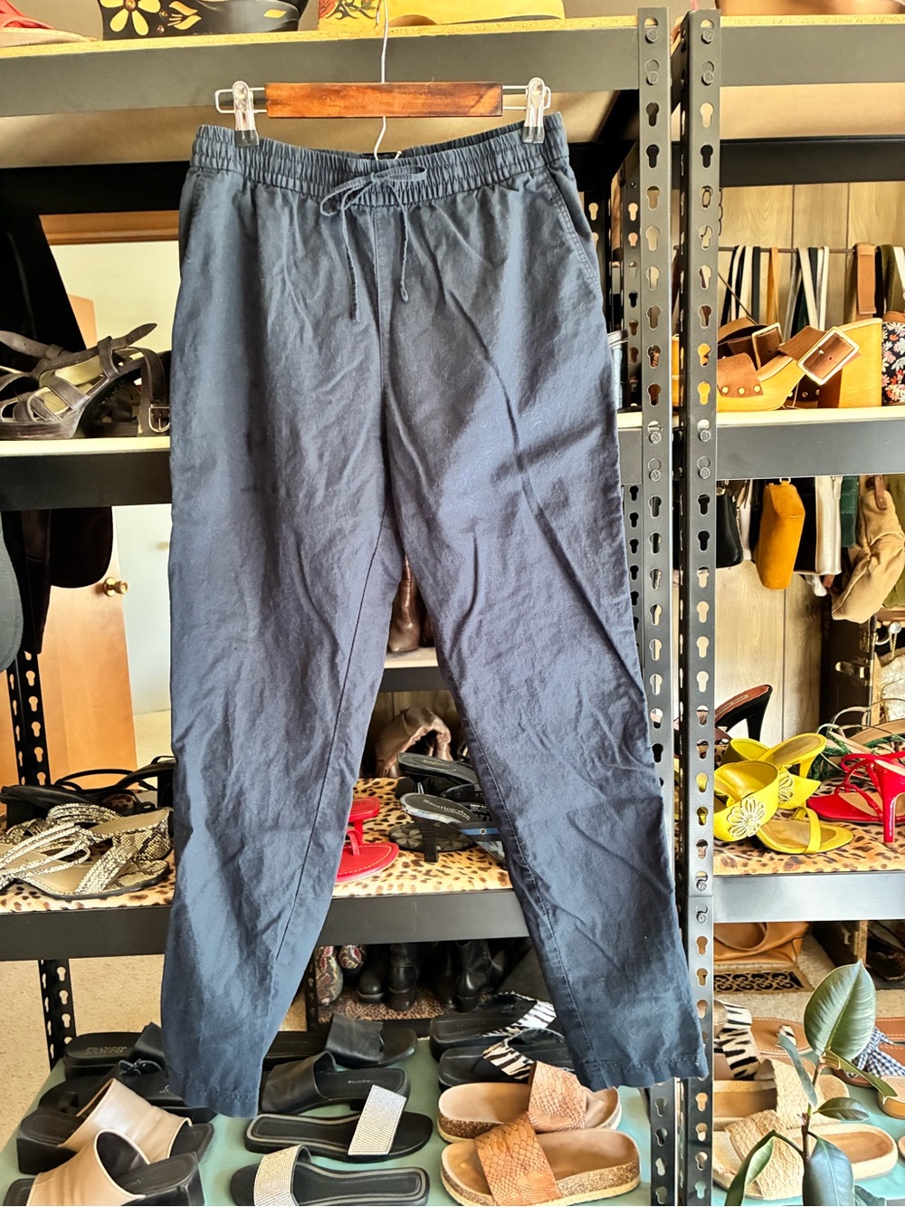H&M Navy Straight-Leg Linen Blend Drawstring Pants